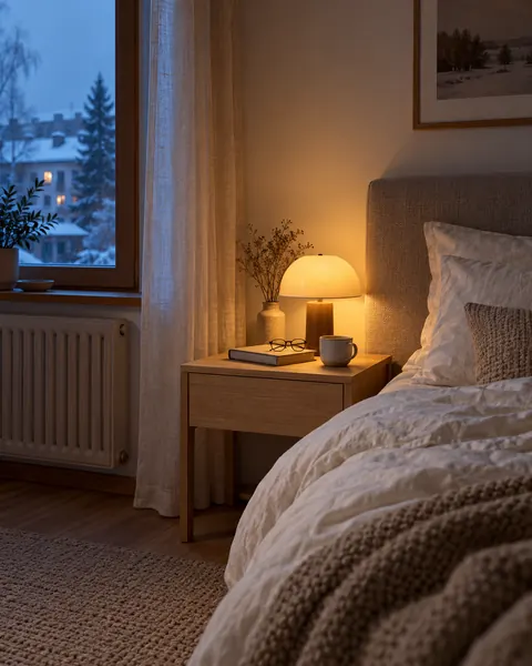 Útulná spálňa za súmraku. Na drevenom nočnom stolíku svieti lampa, pri nej ležia kniha a okuliare, vedľa stojí pohár. Za oknom je zasnežený dvor.